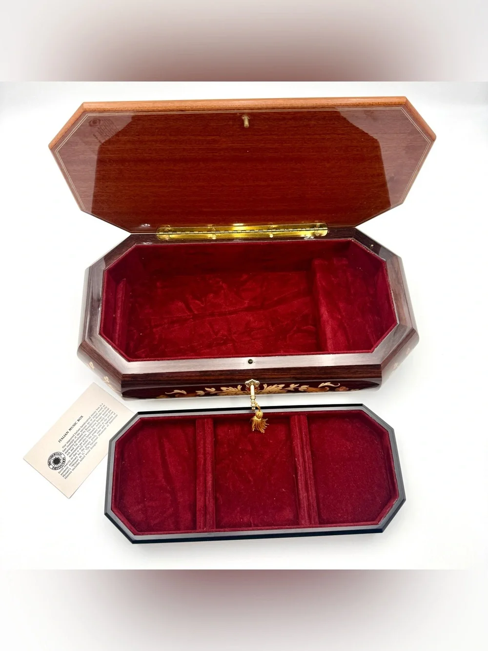 VTG Italian Inlaid Wood Jewelry Music Box Reuge Swiss Movement Double Layer 14”